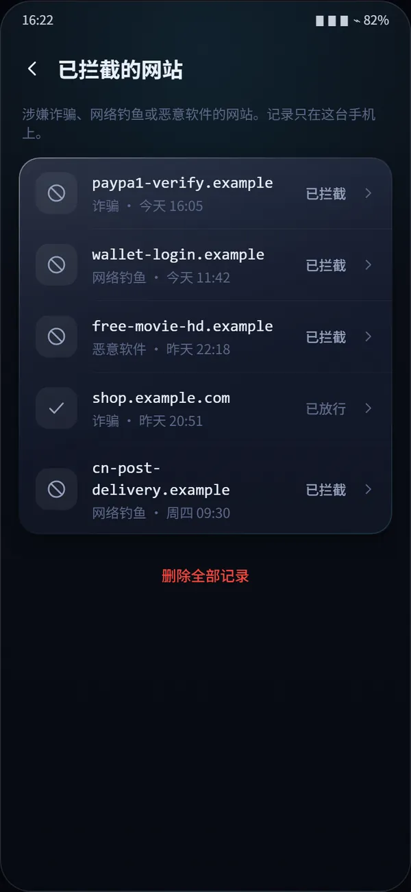 App 里「已拦截的网站」